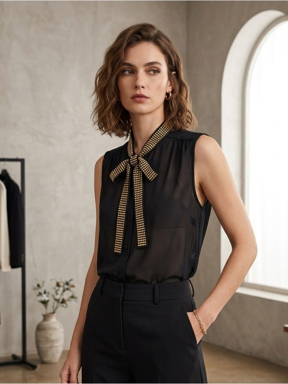 dressbarn Black Sleeveless Bow Tie Blouse with Gold Stud Trim